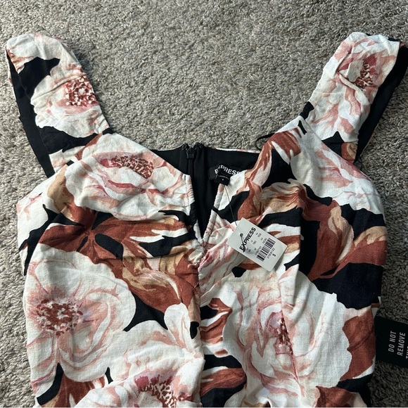 NWT Express Bodycon mini Dress small Black White Floral Linen Blend Scoop Neck - Picture 7 of 10